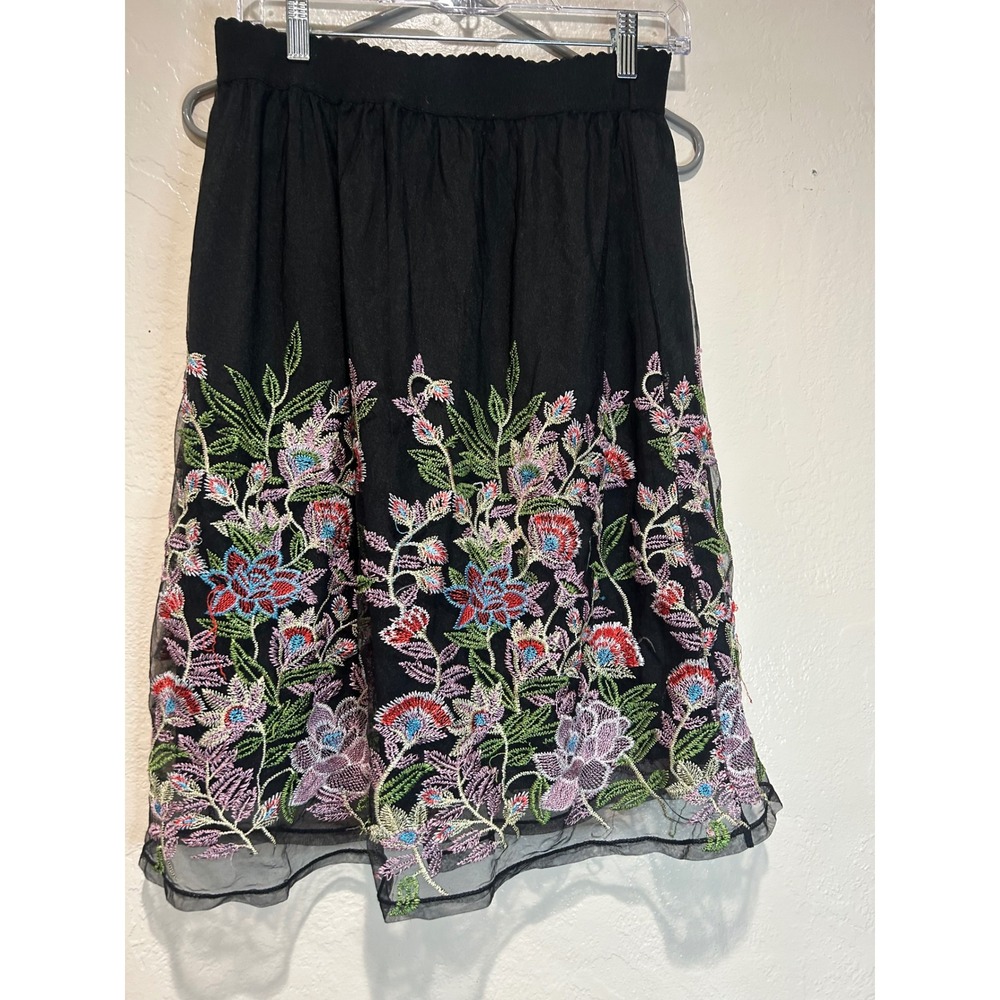 Magic Womens Black Floral Embroidered Mesh Midi Skirt Elastic Waist Lined L